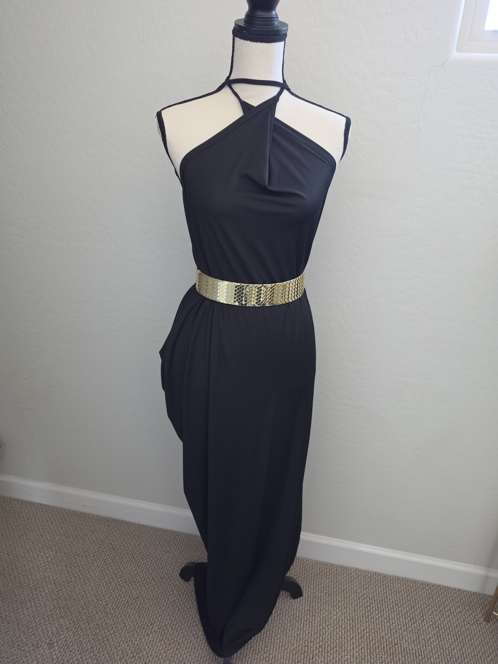 Black Jersey Knit wrap Halter Evening Dress with Gold Belt size small
